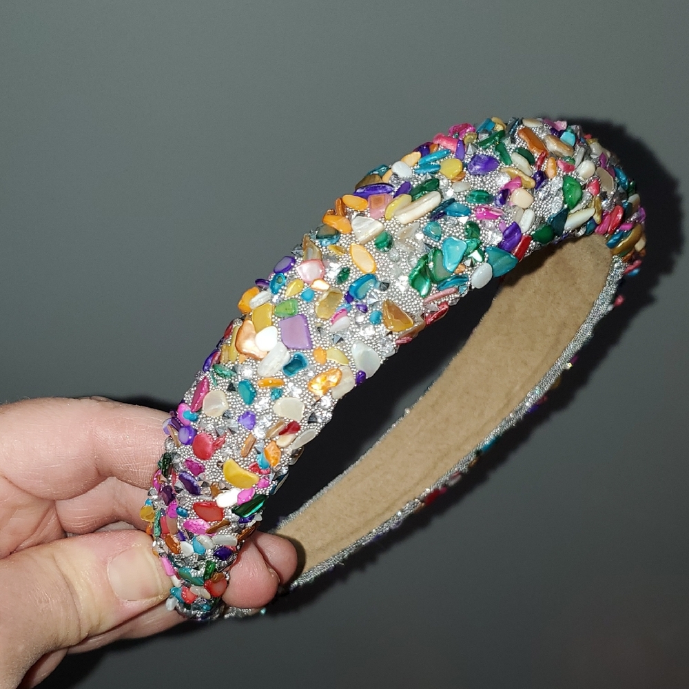 New handmade boutique rainbow rhinestone/stone flexible wide headband